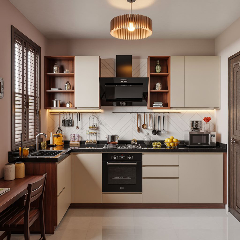 Mẫu 12: Tủ bếp kem phối mặt đá đen tương phản