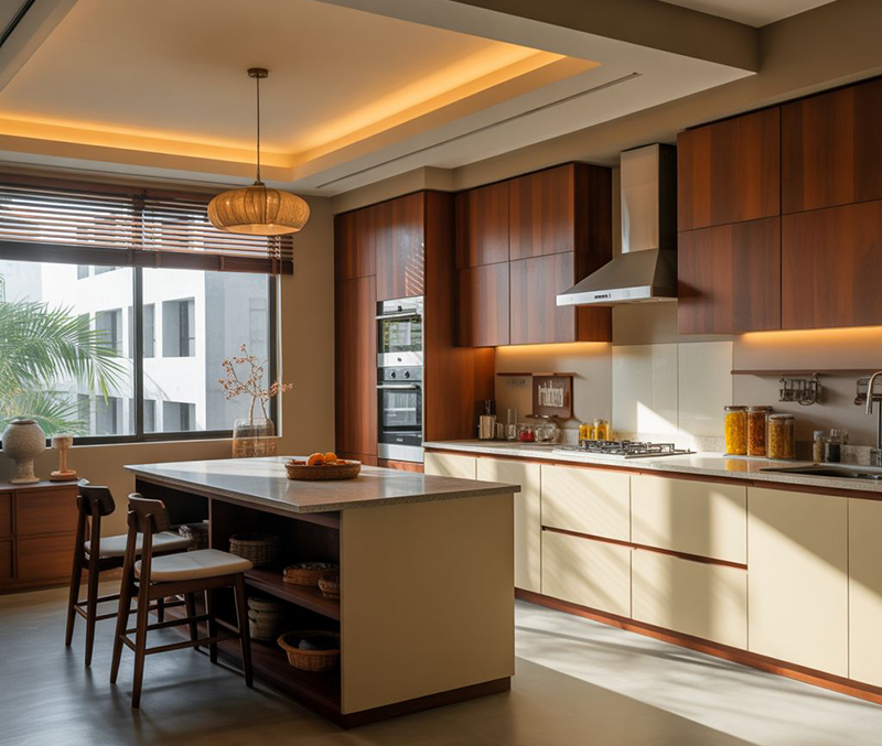 Mẫu 13: Tủ bếp màu kem thiết kế mở liên thông phòng khách