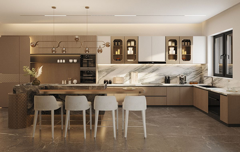 Mẫu 6: Tủ bếp kem phối vân gỗ sáng tạo điểm nhấn