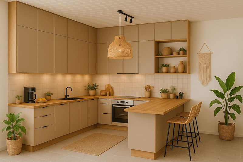 Mẫu 8: Tủ bếp kem kết hợp đảo bếp nhỏ