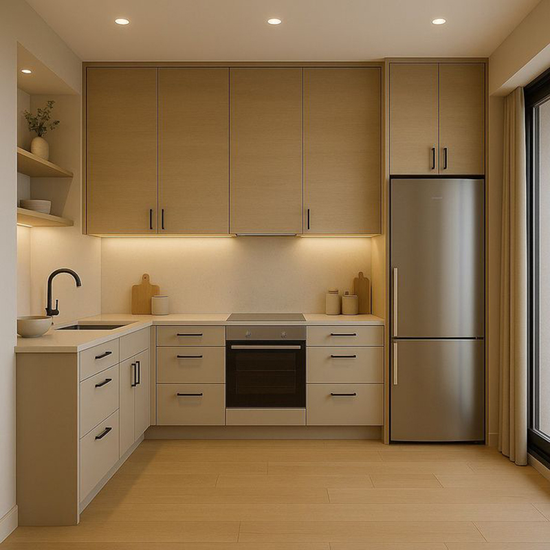 Mẫu 9: Tủ bếp kem tay nắm inox mạ đen