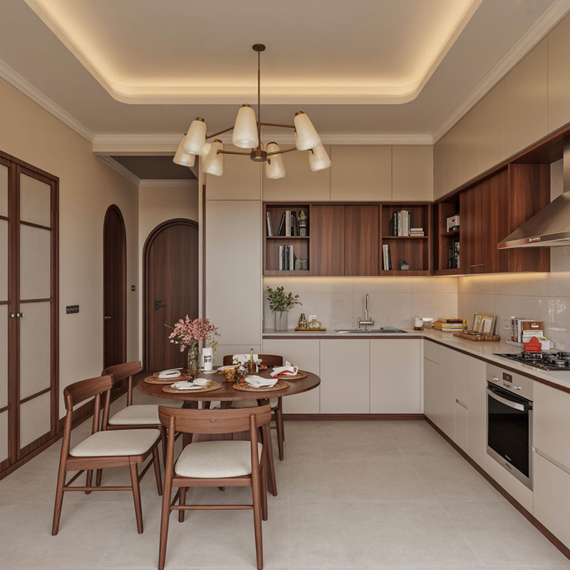 Mẫu 10: Tủ bếp màu trắng kết hợp phụ kiện vàng kim loại