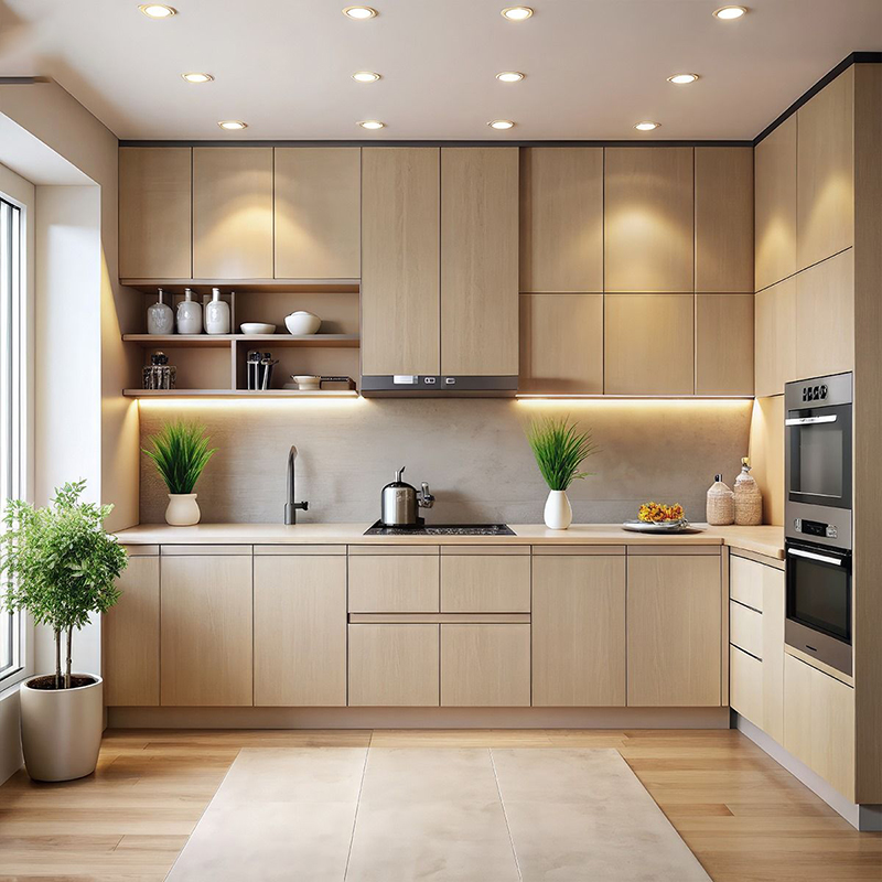 Mẫu 9: Tủ bếp acrylic màu be kết hợp nâu nhạt