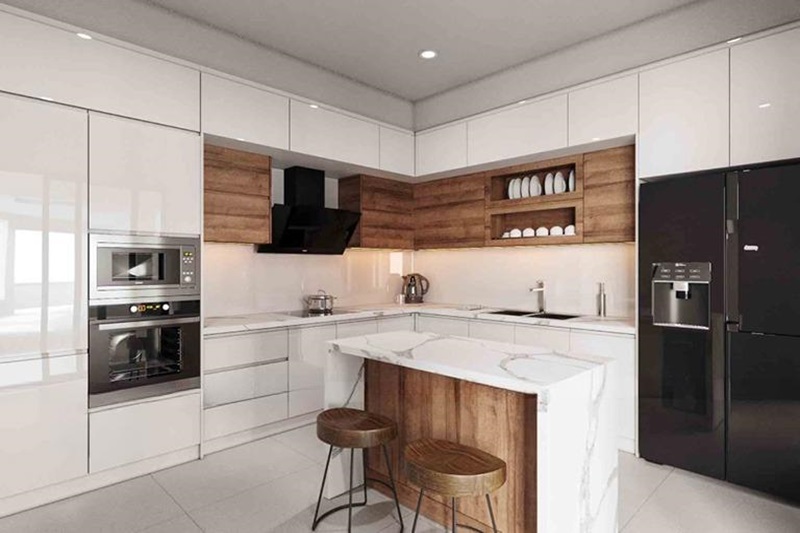 Mẫu tủ bếp Acrylic màu trắng kết hợp bàn đảo sang trọng