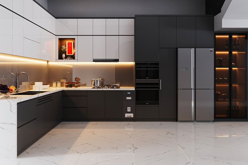 Tủ bếp Acrylic thiết kế trắng – đen cá tính