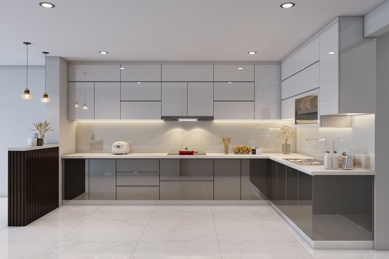 Tủ bếp Acrylic trắng kết hợp ánh sáng LED nổi bật