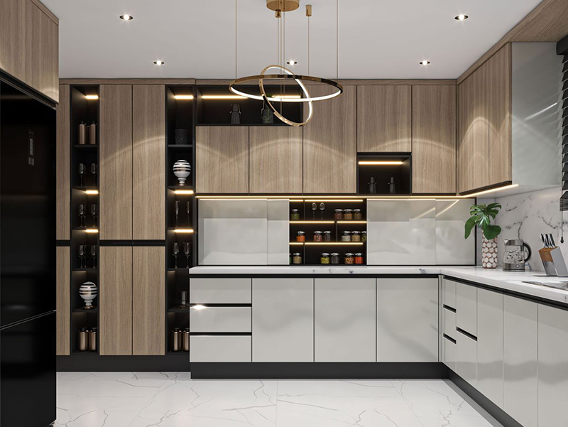 Mẫu 4: Tủ bếp trắng phối vân gỗ nhẹ nhàng