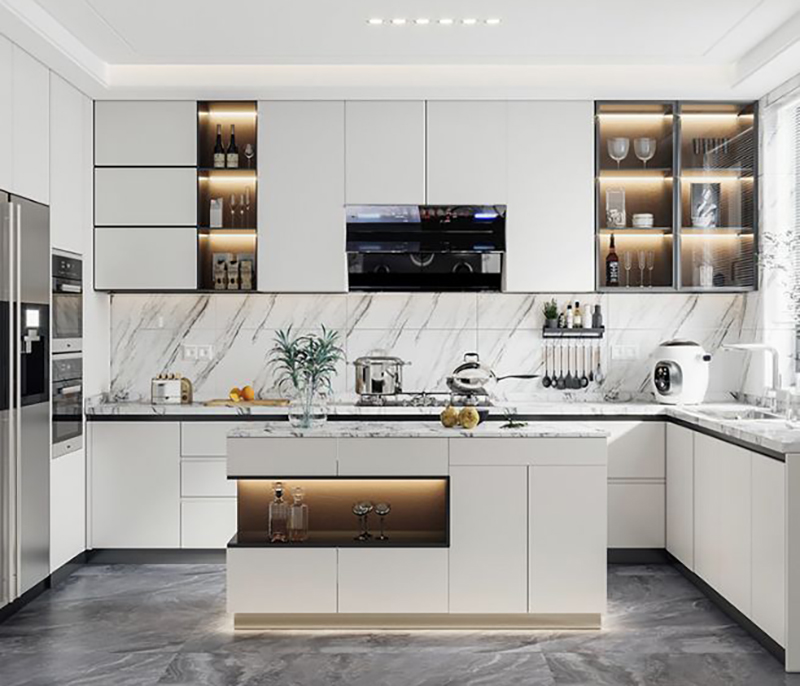 Mẫu 5: Tủ bếp acrylic trắng không tay nắm phong cách châu Âu