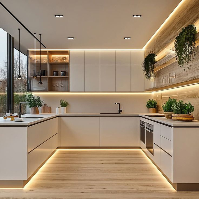 Mẫu 8: Tủ bếp chữ U acrylic trắng cho nhà diện tích rộng