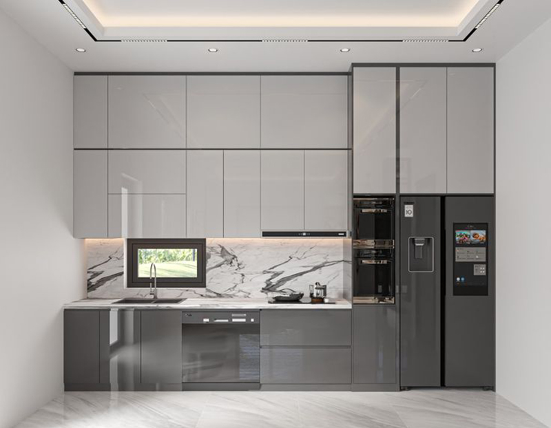 Mẫu 1: Tủ bếp chữ I xám sáng cho căn hộ nhỏ