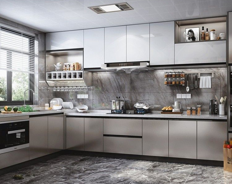 Mẫu 10: Tủ bếp xám sáng phối phụ kiện inox