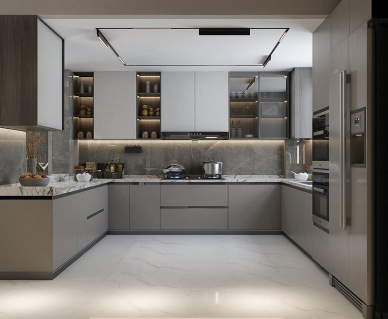 Mẫu 13: Tủ bếp xám tay nắm âm toàn phần