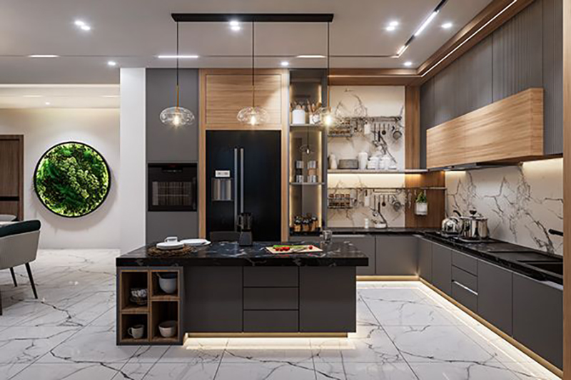 Mẫu 4: Tủ bếp xám phối vân gỗ tự nhiên