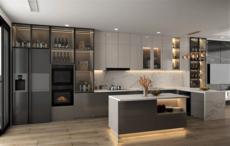 Mẫu 15: Tủ bếp xám kết hợp hệ tủ cao và lò âm tủ