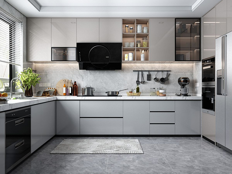 Mẫu 2: Tủ bếp chữ L xám trung tính phối đá trắng