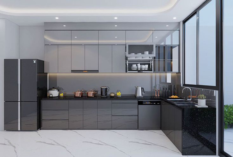 Mẫu 3: Tủ bếp xám đậm tay nắm âm tối giản