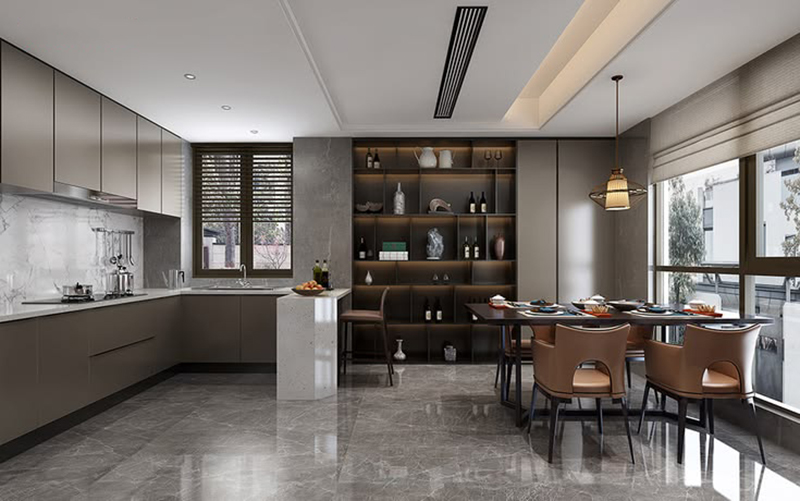 Mẫu 7: Tủ bếp xám kịch trần tối ưu lưu trữ