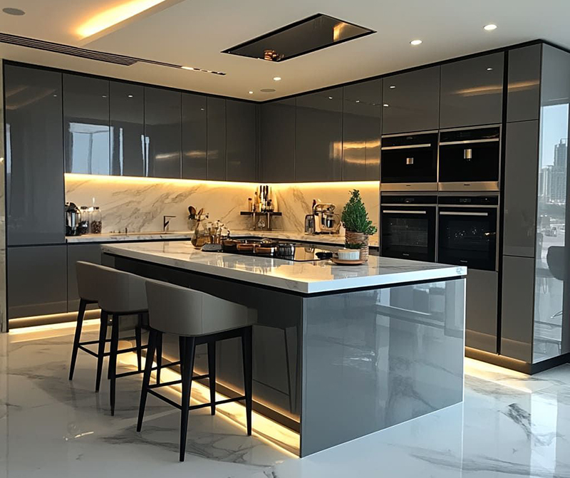 Mẫu 9: Tủ bếp xám trung tính phong cách châu Âu