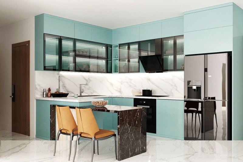 Tủ bếp xanh pastel kịch trần