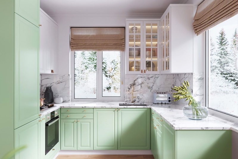 Thiết kế tủ bếp xanh mint thanh lịch