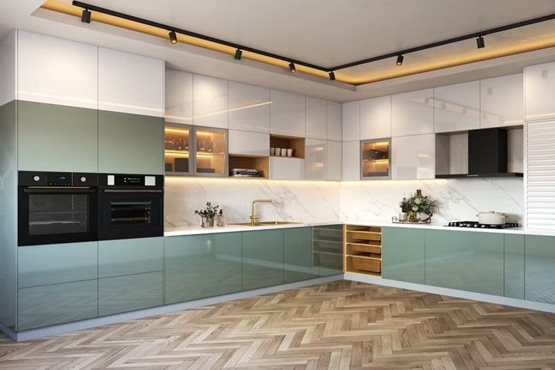 Tủ chữ L xanh - trắng hiện đại