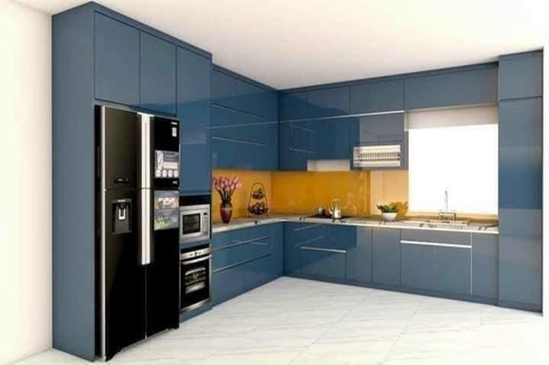 Mẫu tủ bếp Acrylic màu xanh đậm