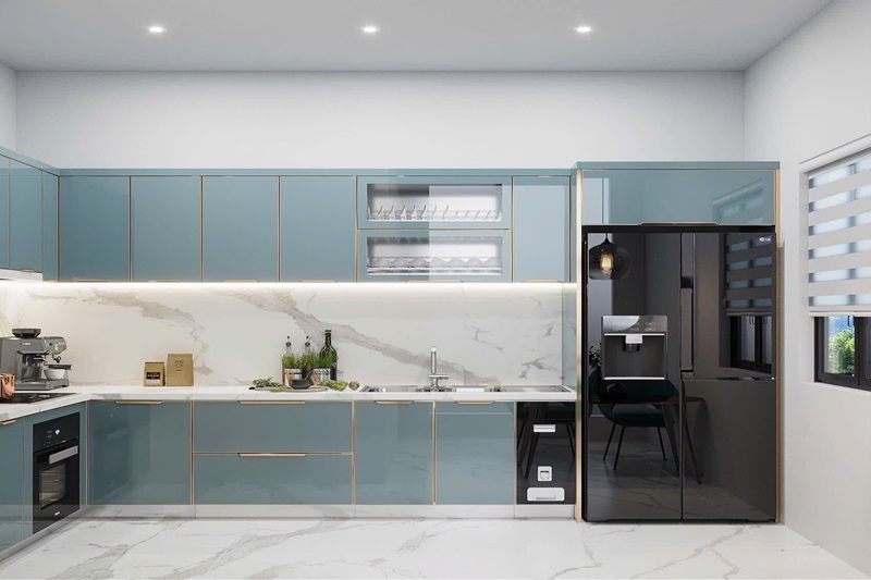 Mẫu tủ bếp xanh ghi đẳng cấp cho nhà phố