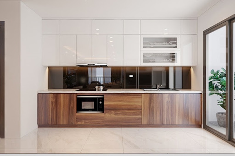 Mẫu tủ bếp Inox cánh nhựa Acrylic vân gỗ tinh tế