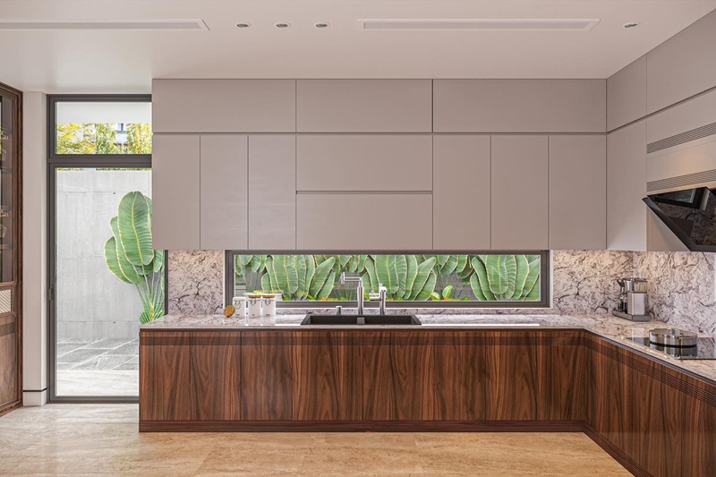 Tủ bếp inox cánh Acrylic vân gỗ