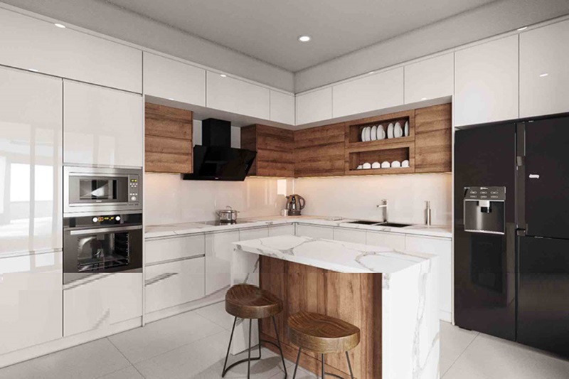 Mẫu tủ bếp Acrylic và đảo bếp Acrylic hiện đại