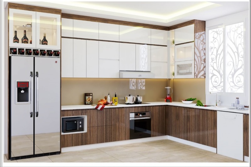 Tủ bếp chữ L chất liệu Acrylic vân gỗ giúp bếp thêm nổi bật