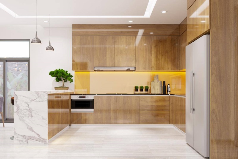 Mẫu tủ bếp nhôm tấm cánh Acrylic vân gỗ tiện nghi và thẩm mỹ