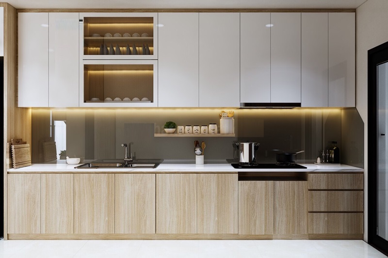 Tủ bếp Acrylic vân gỗ chữ I đẹp cho căn bếp nhỏ
