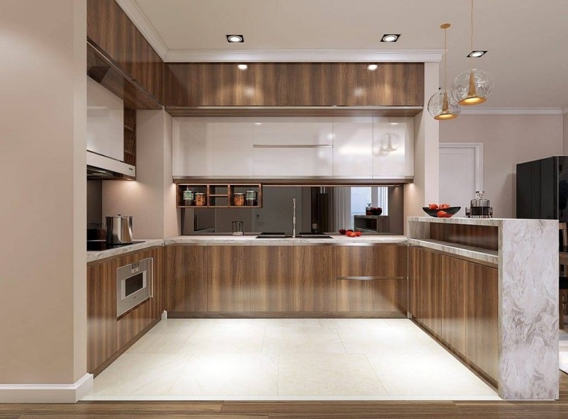 Tủ bếp kịch trần với cánh Acrylic vân gỗ tiết kiệm diện tích