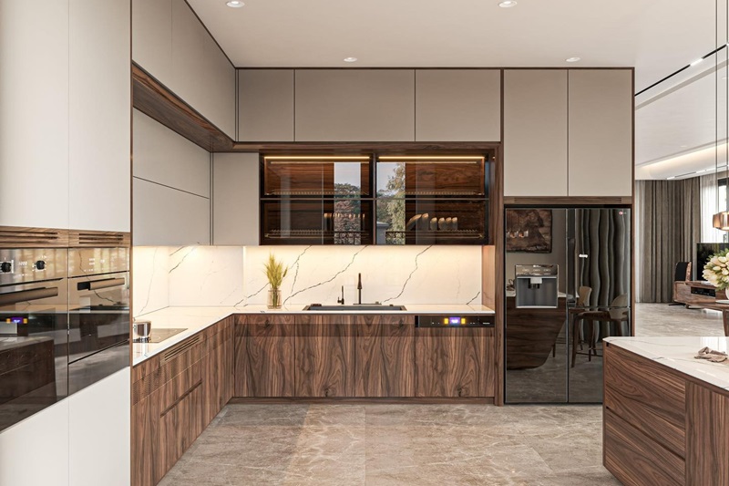 Tủ bếp gỗ MDF phủ Acrylic màu vàng