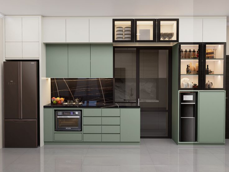 Mẫu 12: Acrylic xanh cổ vịt + ốp bếp trắng