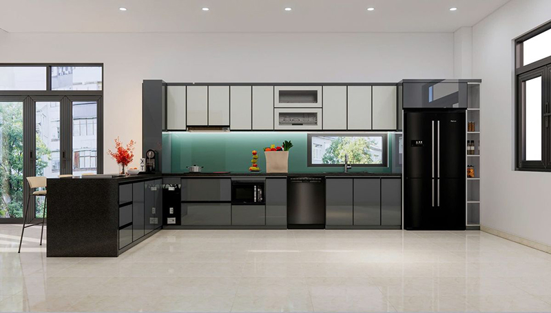 Mẫu 14: Acrylic xám đậm + hệ đèn led hắt tủ