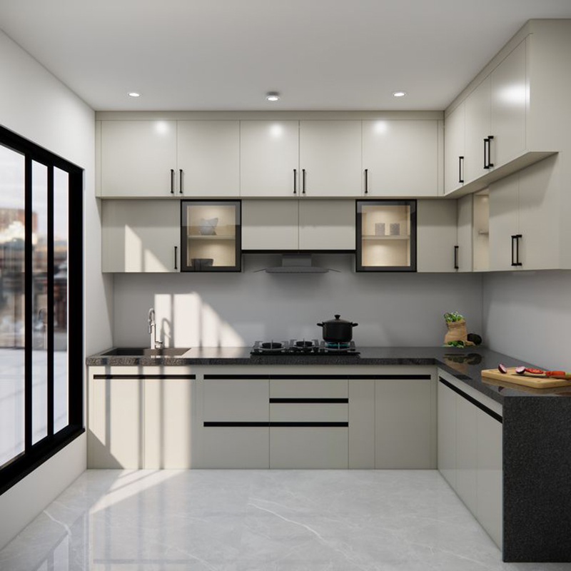 Mẫu 15: Acrylic trắng + pantry cao (tủ đồ khô riêng)