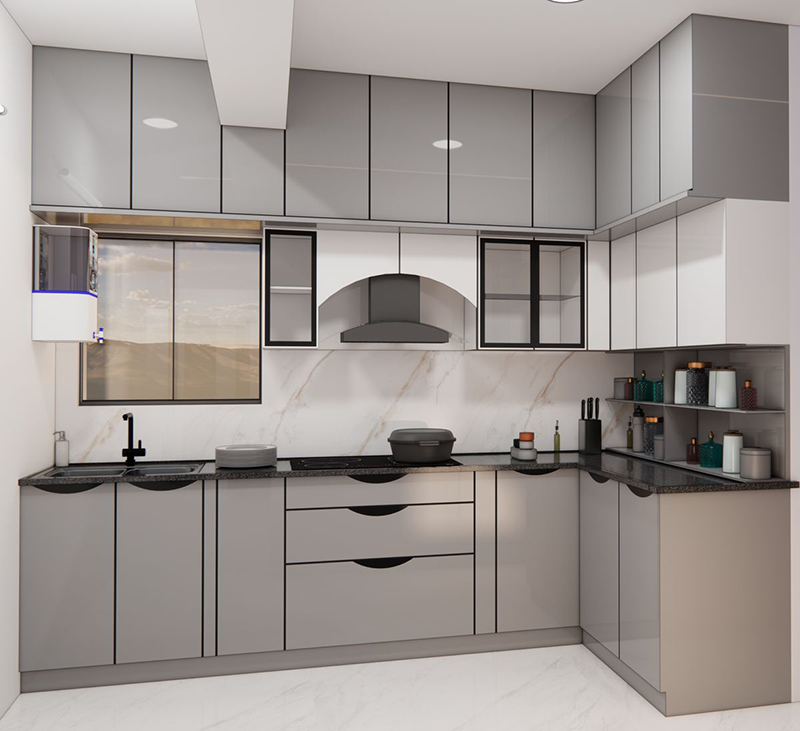 Mẫu 16: Acrylic xám nhạt + khoang gia vị thông minh