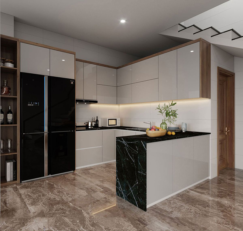 Mẫu 18: Acrylic + đảo bếp nhỏ tăng mặt sơ chế