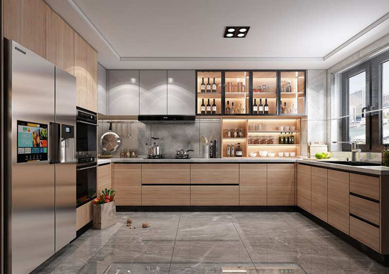 Mẫu 22: Acrylic trắng + laminate vân gỗ (mảng điểm nhấn)