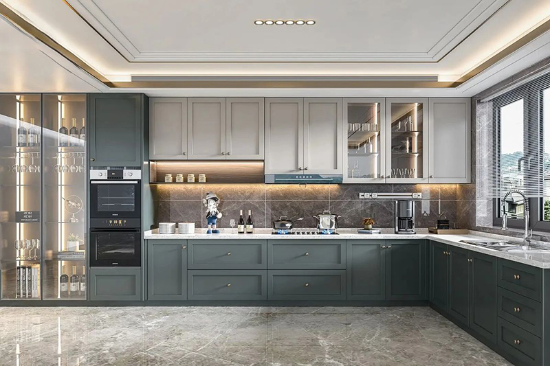 Mẫu 23: Acrylic + vân đá (mảng tủ cao/pantry)