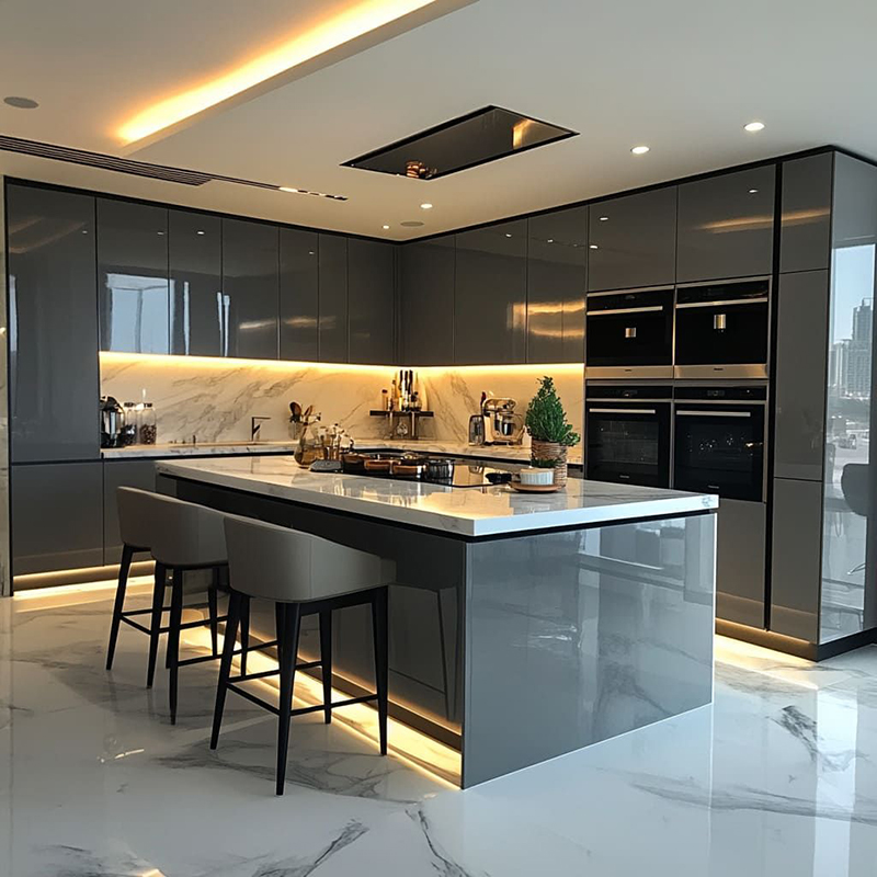 Mẫu 3: Xám nhạt bóng gương + tay nắm âm