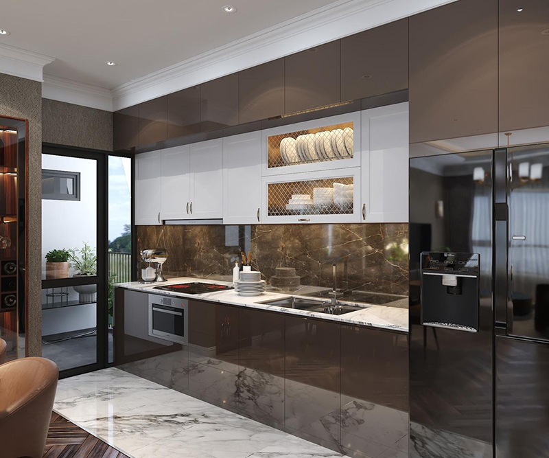 Mẫu 8: Acrylic đen bóng + mặt đá trắng vân lớn