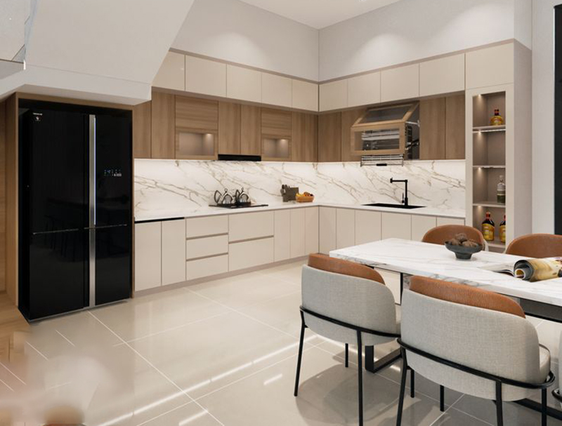 Mẫu 1: Tủ bếp ốp cánh kính trắng bóng hiện đại