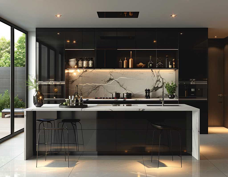 Mẫu 14: Thiết kế tủ bếp thùng inox cánh kính cho bếp kịch trần