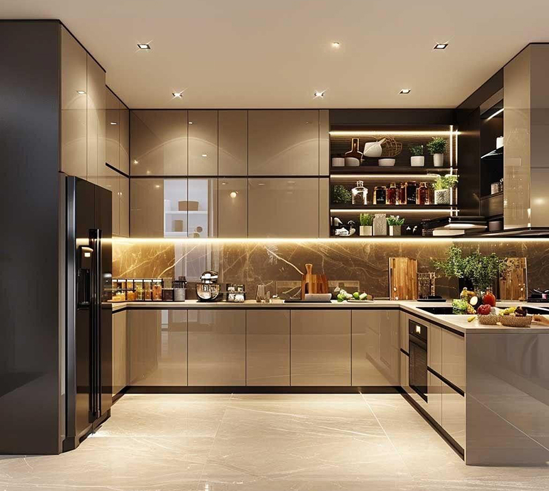 Mẫu 4: Tủ bếp thùng inox cánh kính cho chung cư cao cấp