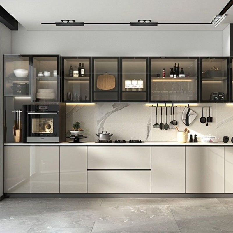 Mẫu 5: Tủ bếp cánh kính kịch trần tối ưu lưu trữ