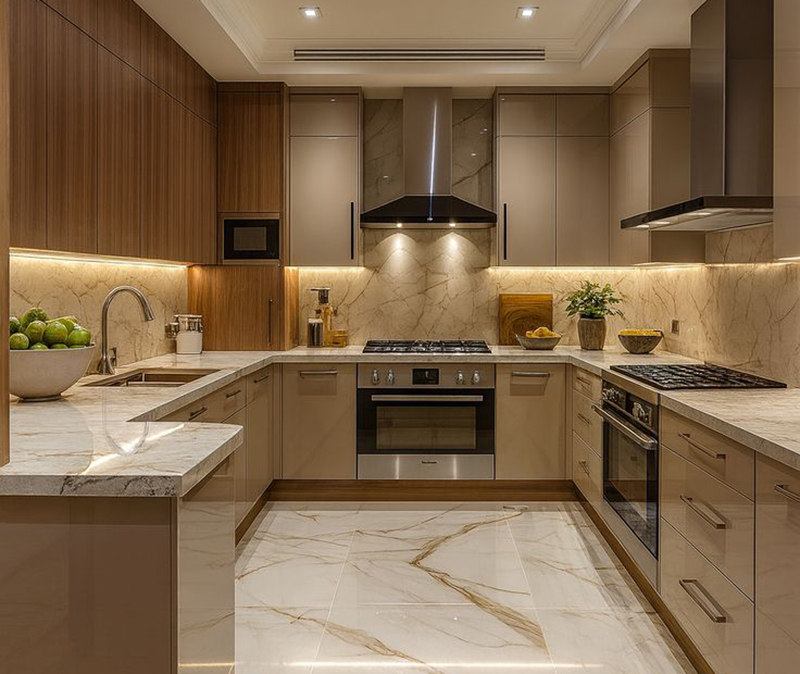 Mẫu 8: Thiết kế cánh kính kết hợp tủ bếp chữ U cho nhà phố