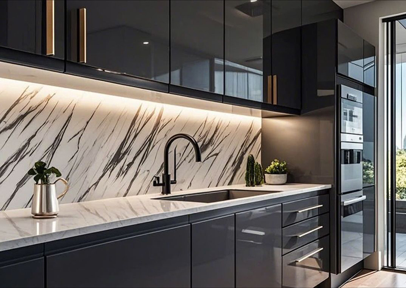 Mẫu 9: Tủ bếp ốp cánh kính kết hợp mặt đá vân mây cao cấp